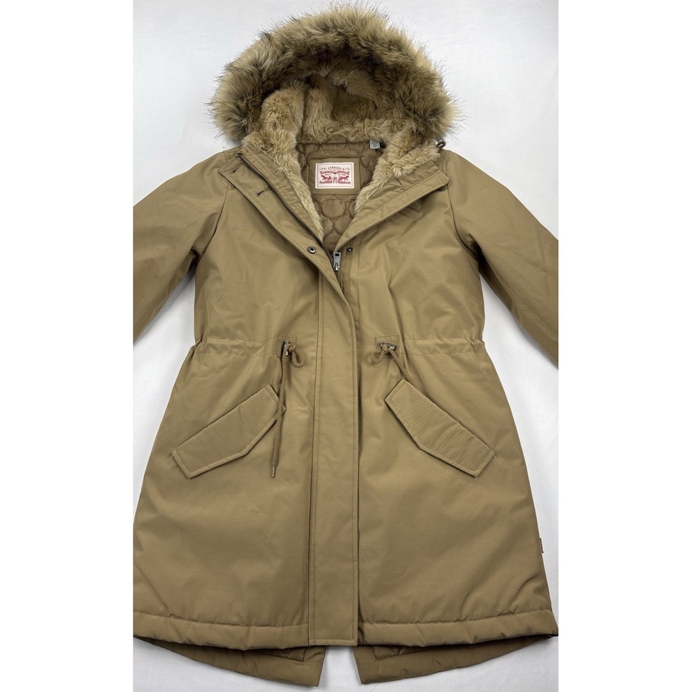 NWT Levis Lined Hooded Tan Quilted Parka Jacket Women's Small - Picture 2 of 16
